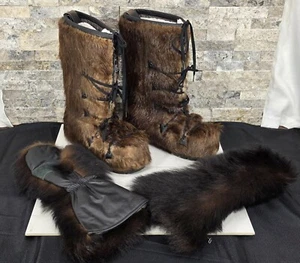 Bilodeau Canada Snow Boots Natural Beaver Fur Mens 13 / Matching Long Mittens XL - Picture 1 of 16