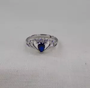 Womens Adjustable Silver Ring Signed 925 With Blue Sapphire Stone - Picture 1 of 4