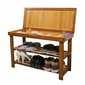 Bamboo 2 Tier Shoe Rack Storage Bench, Entryway Shelf with Storage Drawer Amber