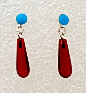 Sterling Silver .925 Turquoise Carnelian  1/4" x 1 1/4" Drop Post Earrings - Bild 1 von 8