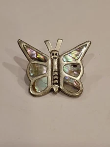 Vintage Mother of Pearl inlay Sterling Silver Butterfly Brooch Pendant - Picture 1 of 7