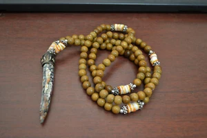SHELL INLAY HORN PENDANT MALA BEAD NECKLACE JEWELRY WOOD SHELL HEISHI BEADS - Picture 1 of 4