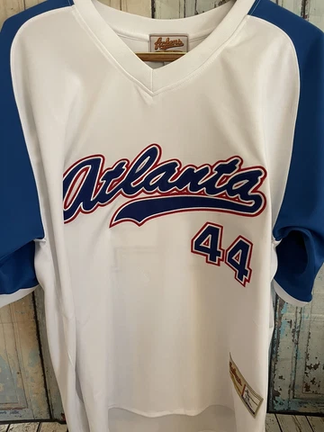Mens Ackers Atlanta Braves Heavyweight White Embroidered 44 Hank Aaron Jersey XL Cover