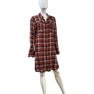 Free People Dark Pink Textured Cotton Plaid Button-Down Shirt Dress Size L - Picture 1 of 5
