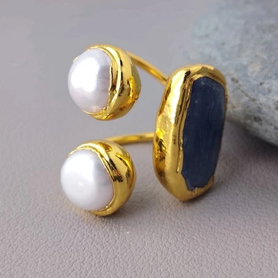 Anillos de dedo ajustables de cianita perla blanca de latón con piedras preciosas azules naturales regalo Foto 1 de 4