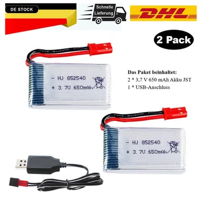 2Stück 3,7 V 650 mAh Lipo Akku JST-Anschluss mit USB-Ladegerät für RC Quadcopter - Bild 1 von 4