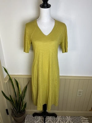 Eileen Fisher Organic Cotton Hemp V-Neck Dress XS Yellow Sustainable Minimalist - Image 1 of 4