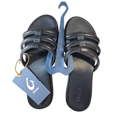 Sandalia Olukai para mujer Tiare Slide negra EE. UU. 9 EUR 39 cuero superior suela de goma Foto 1 de 4