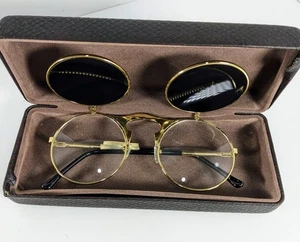 Vintage Steampunk Retro Flip Sonnenbrille rund goldfarben Unisex flexible Arme mit Etui - Bild 1 von 6