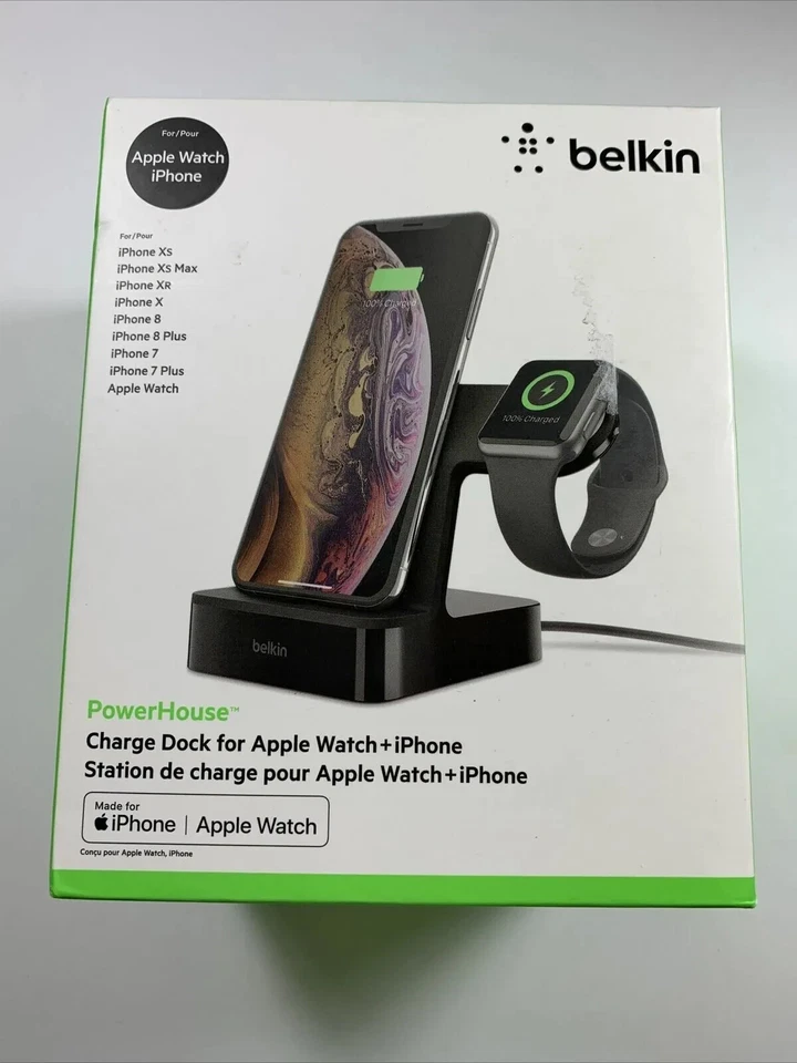 Belkin F8J237BLK Powerhouse Charge Dock for Apple Watch, iPhone Black- NEW - Image 1 of 1
