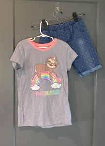 Girls Short And Shorts Size 8 Sloth Unicorn Polka Dot - Picture 1 of 8