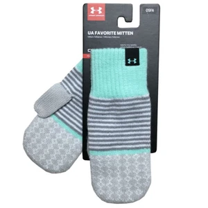 Under Armour Girls Favorite Knit Mittens Striped Green Grey SOFT Winter Fall - Picture 1 of 11