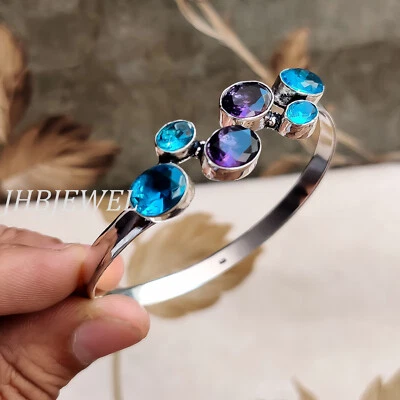 Blue Topaz & Amethyst Cut Gemstone Cuff 925 Sterling Silver Attractive Bracelet - Image 1 of 4