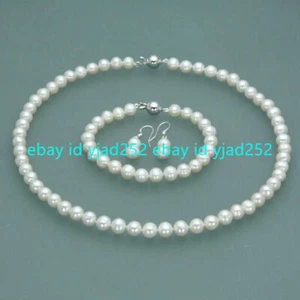 20" New 7-8mm Real Natural White Freshwater Pearl Necklace Bracelet Earrings Set - Picture 1 of 12