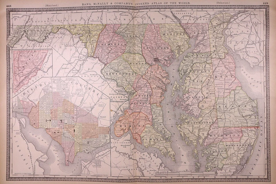 Hermoso mapa de ferrocarril y condado de 1882 de Maryland - Delaware ~ envío y devolución gratuitos (15x21) Foto 1 de 1