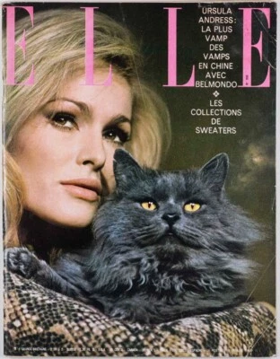 Ursula Andress JEAN PAUL BELMONDO Cacharel ELLE February 4 1965 Knitwear CAT vtg - Image 1 of 4