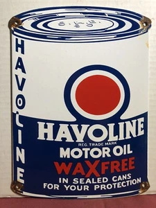 LETRERO DE GASOLINERA DE PORCELANA SIN CERA LATA DE ACEITE DE MOTOR HAVOLINE DE COLECCIÓN - Imagen 1 de 6