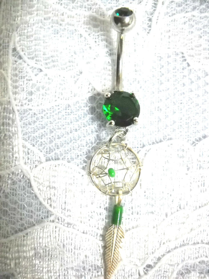 STERLING SILVER MALACHITE SPIRIT DREAM CATCHER 1 FEATHER 14g GREEN CZ BELLY RING Foto 1 de 1