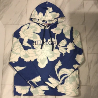 Tommy Hilfiger Floral Pullover Hoodie Blue White $119 Large New - Image 1 of 3