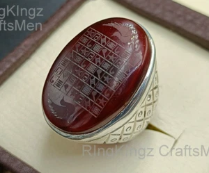 Agate Protection Jewelry Yemeni Akik Men Ring 925 Sterling Silver Oval Red Stone - Picture 1 of 8