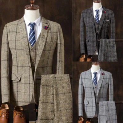 Ternos masculinos xadrez 3 peças lã empresarial inverno trabalho colete formal jaqueta blazer - Imagem 1 de 4