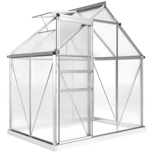 Outsunny Polycarbonate Walk-in Garden Greenhouse w/ Sliding Door Silver Tone - Picture 1 of 11