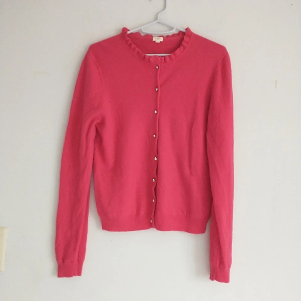 Cárdigan suéter para mujer J Crew L/XS/S* lana roja mezcla cachemir cuello con volantes Foto 1 de 4