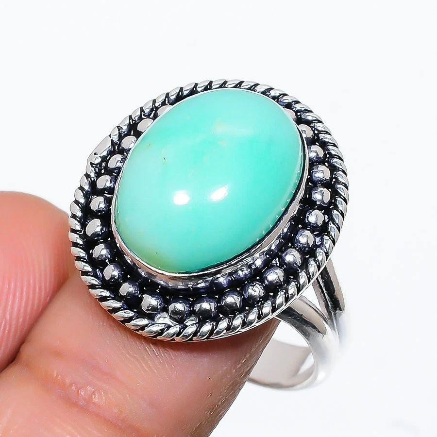 Anillo de plata de ley 925 con piedras preciosas de crisoprasa natural talla 8,5 (EE. UU.) Foto 1 de 1