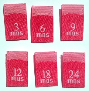MIXED 250 pcs WOVEN HOT PINK CLOTHING SEWING LABEL TAGS 3 6 9 12 18 24 MONTHS - Picture 1 of 1