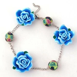 POLYMER CLAY BEADS FLOWERING AQUAMARINE BRACELET (3M285) FABULOUS FLOWERS - Picture 1 of 3