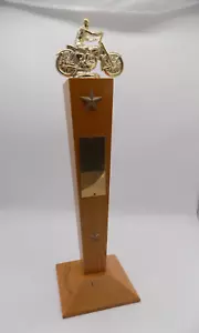 Vintage Motorcycle Trophy metal on wood base- 16" tall - plaque is blank - Picture 1 of 11