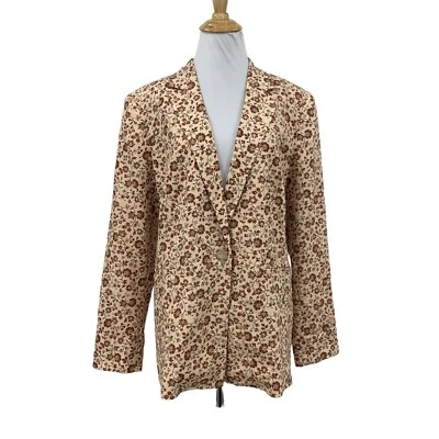 Loft Blazer Womens 12 Peach Floral One Button Linen Blend Padded Shoulders Notch - Image 1 of 4
