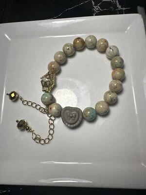 Natural Amazotine bracelet , Obsidian Rock. Heart Charm, Gold Hematite 9mm - Image 1 of 3