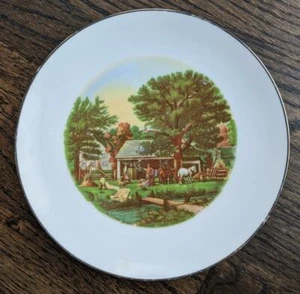 Vintage Hand Painted Noritake Ranch Scene Plate, Silver Rim - Picture 1 of 3