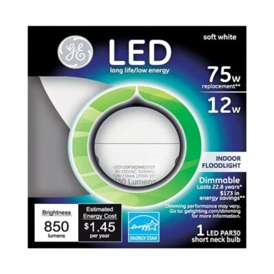 GE LED Indoor Floodlight 12 Watts 75 Watt Replacement Soft White PAR30 Dimmable - Image 1 of 4