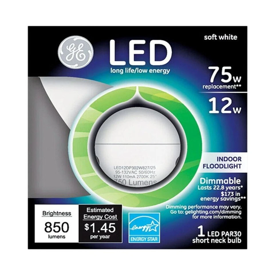GE LED Indoor Floodlight 12 Watts 75 Watt Replacement Soft White PAR30 Dimmable - Image 1 of 4