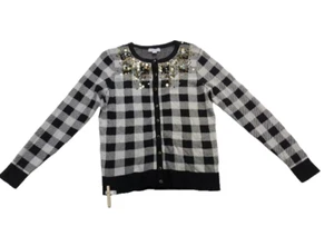 Charter Club Cardigan Sweater Women Sz M Black White checks sequined J118 - Picture 1 of 6