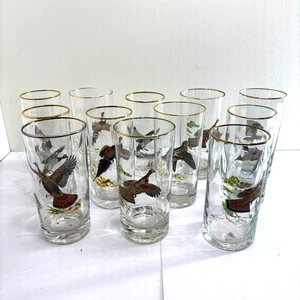 Set 12 bicchieri Highball vintage Ned Smith Game Birds bordo oro/argento fauna selvatica - Foto 1 di 12
