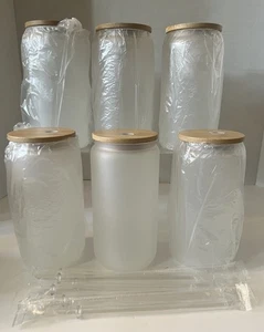Frosted Sublimation Glass Cups With Bamboo Lid 16oz Tumblers 6 Blanks - Picture 1 of 6