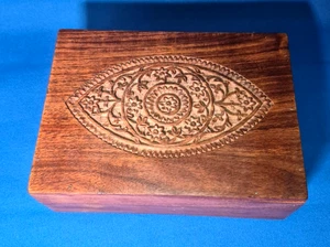 Vtg Wooden Rectangular Trinket Box- Hand Carved with an All Seeing Eye /Evil Eye - Picture 1 of 11