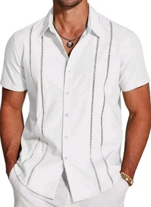 COOFANDY Leinenmischung Freizeit Kubanisch Guayabera Kurzarm Strand Hemd Herren M - Bild 1 von 3
