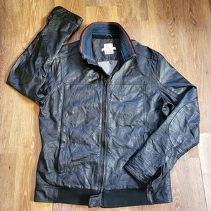 FatFace Retro Mens Genuine Leather Bomber Jacket Large Full Zip Wooly Collar - Picture 1 of 13