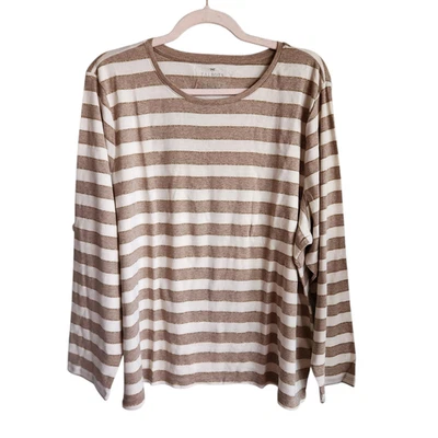 Talbots Shirt Women's 3X Beige Tan Gold Pima Cotton Blend Long Sleeve Striped Ne - Image 1 of 4