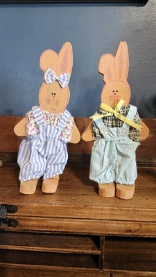 Vintage Primitive Wooden Easter Bunny Rabbit Figures - Image 1 of 4