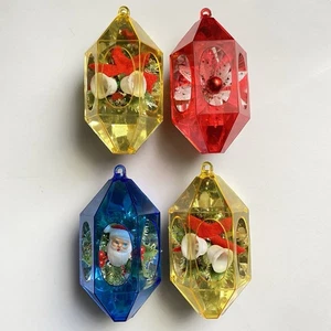 4 Vintage Jewel Brite Plastic Diorama Christmas  Ornaments Santa Flower Bell Lot - Picture 1 of 9