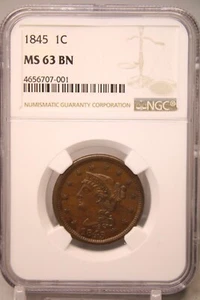 1845 Coronet Head Large Cent Large NGC MS63 BN #7001 - Picture 1 of 4