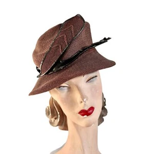 1930s Antique Hat Brown Straw Semi-Cloche Self Feather WW2 Women one size - Picture 1 of 7