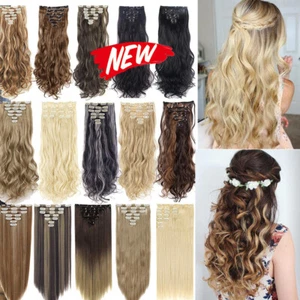 Women 7Pcs Thick Wavy Curly Straight Full Head Clip-in Synthetic Hair Extensions - Picture 1 of 37