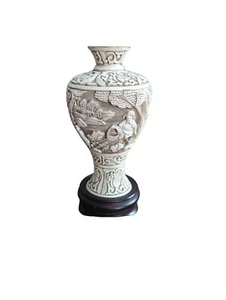 Vintage Arnart 1982 Ivory Dynasty Carved Vase With Wood Stand Arnart Imports - Picture 1 of 12