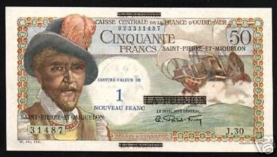 ST.PIERRE & MIQUELON 1 NF on 50 FRANCS P-30 1960 Over Printed UNC MONEY NOTE  - Image 1 of 2
